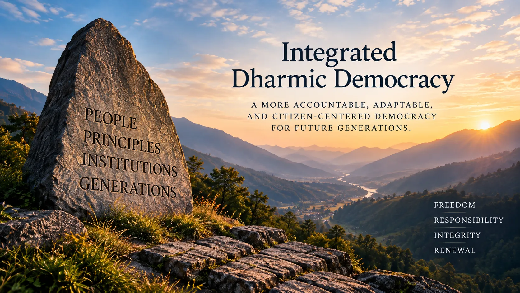 A carved stone reading People, Principles, Institutions, Generations on a mountain ridge at sunrise