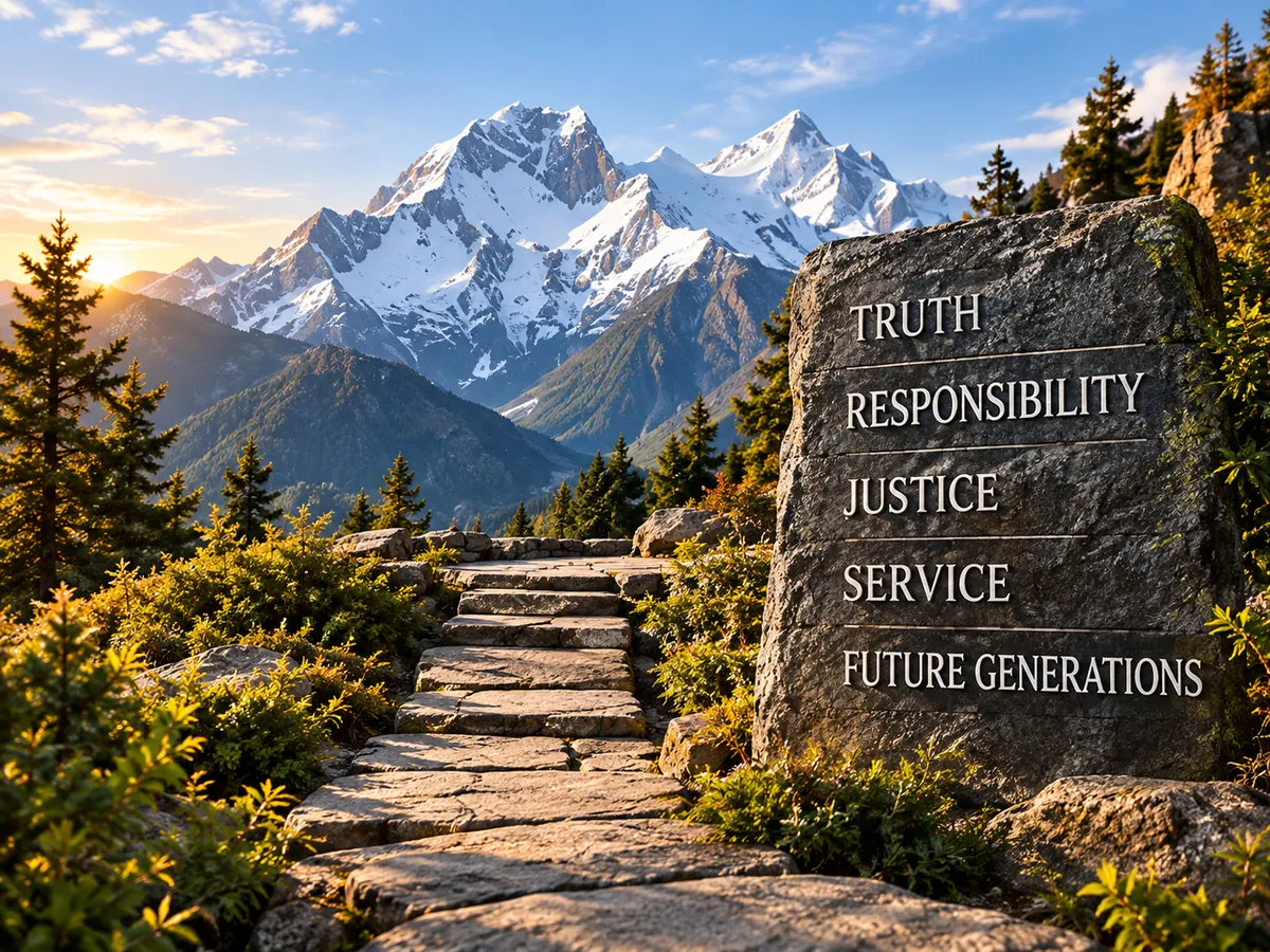 A stone path leading to a monument inscribed Truth, Responsibility, Justice, Service, Future Generations